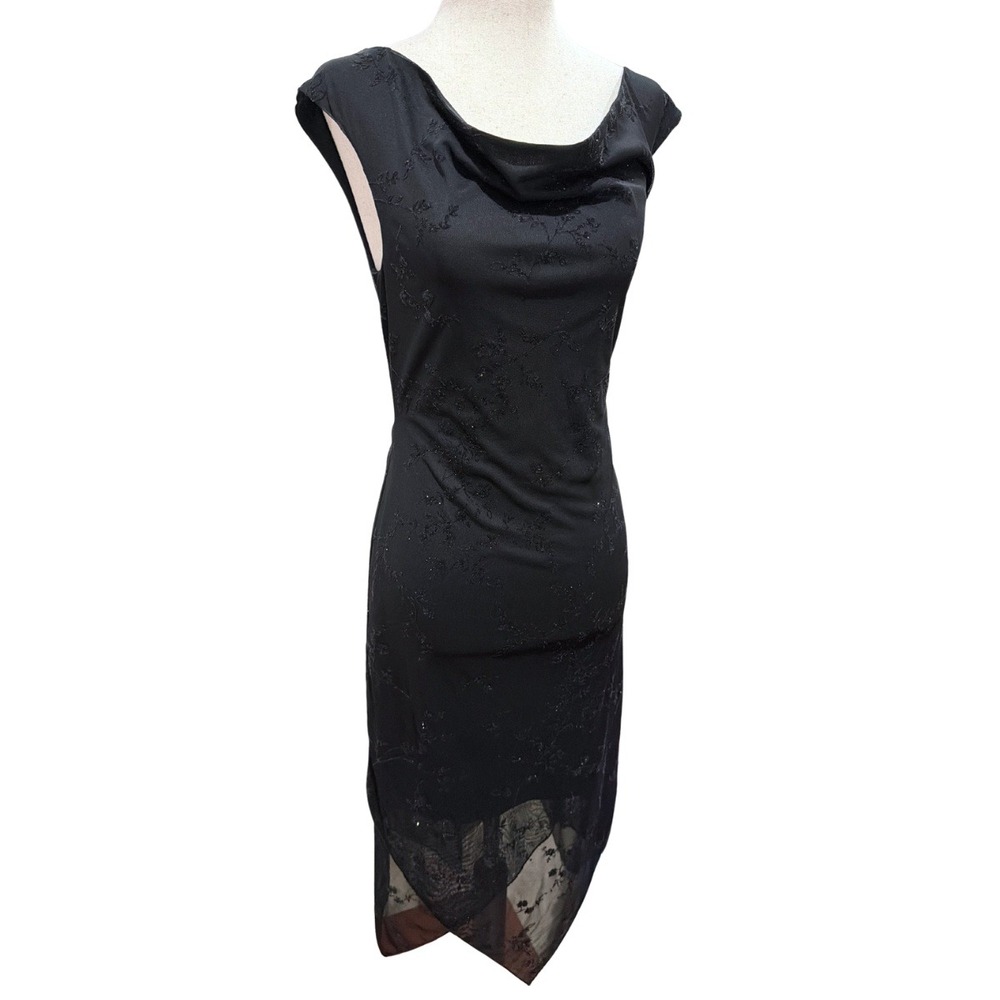 City Triangles Vintage Black Floral Glitter Cowl Neck Handkerchief Hem Dress M
